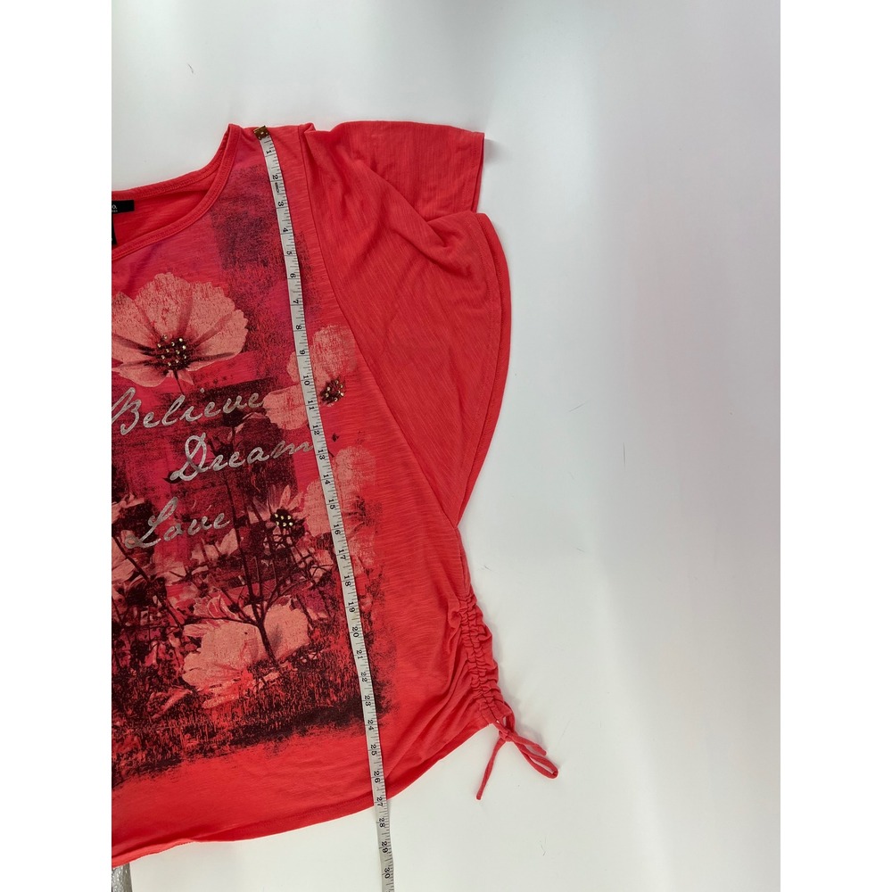 Style & Co Woman Plus Size 3X Coral Pink Floral Graphic Cinched Side Top Tee - Picture 6 of 10